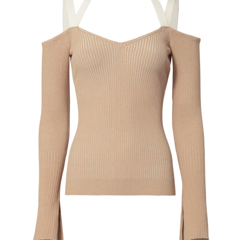 Ronny Kobo Collection Beige Off-Shoulder Ribbed Sweater Top